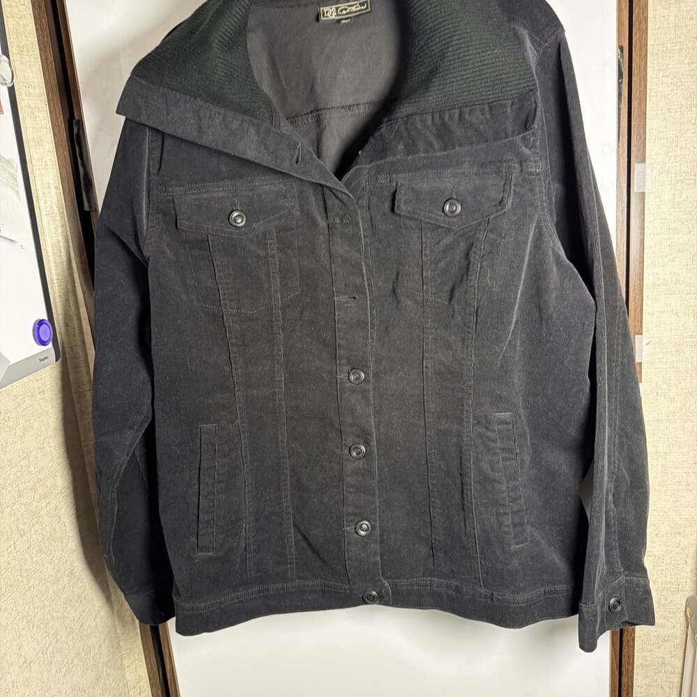 DG2 Diane Gilman Stretch Corduroy Button-Front Jacket Black, XL Chest46”/L25.5”